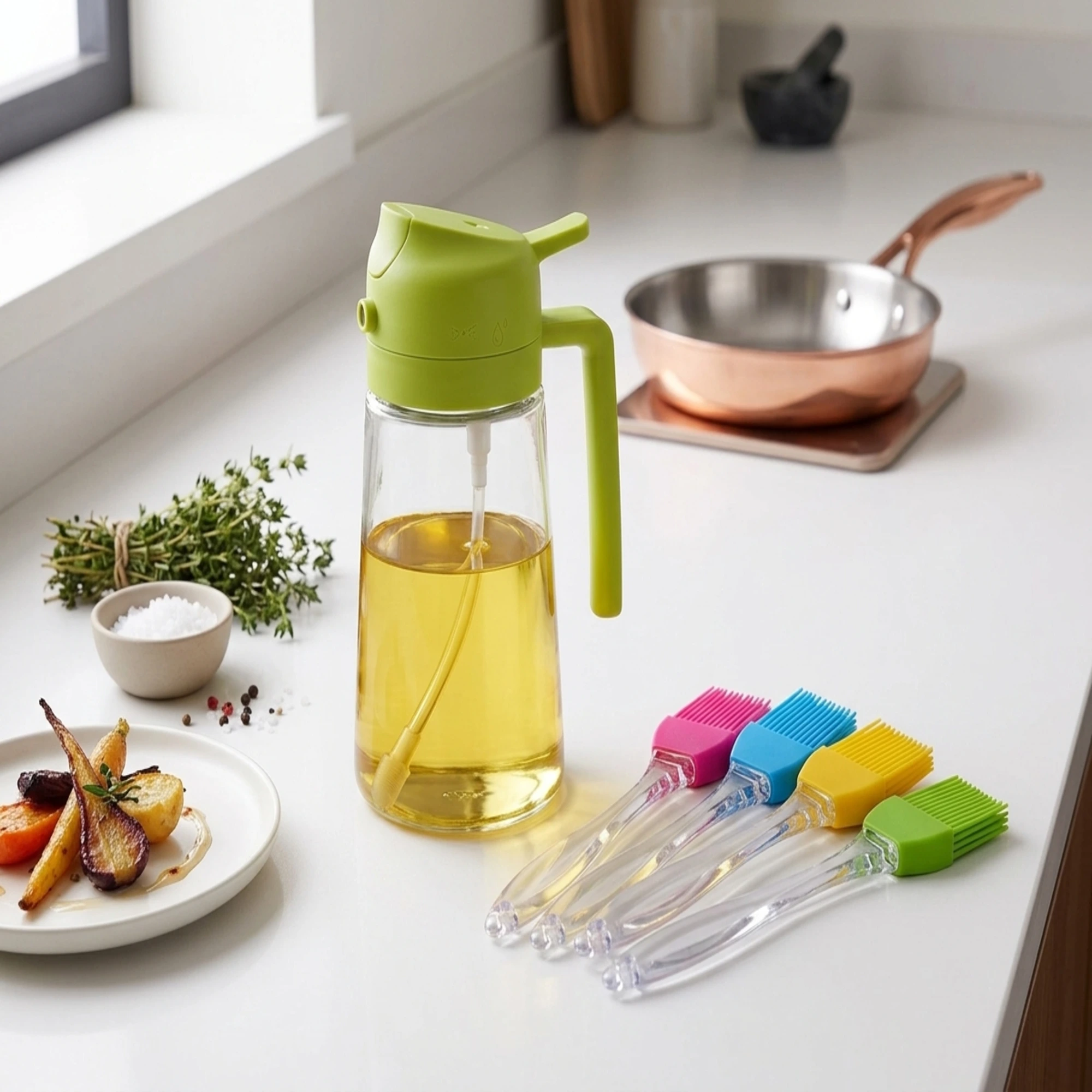 Home 2-in-1 Oil Pour & Sprayer Bottle with Silicone Oil Brush